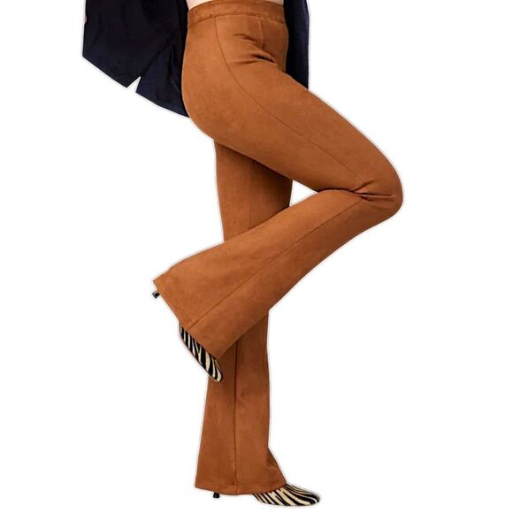 SPANX Faux Suede Pants M Flare Leg Pull On Stretch Camel Color Bohemian Hippie. - Picture 8 of 16
